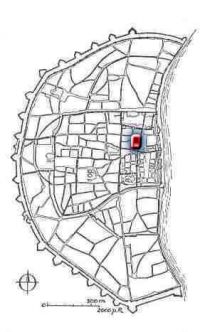 Köln im Mittelalter, der rote Bereich ist das jüdische Viertel